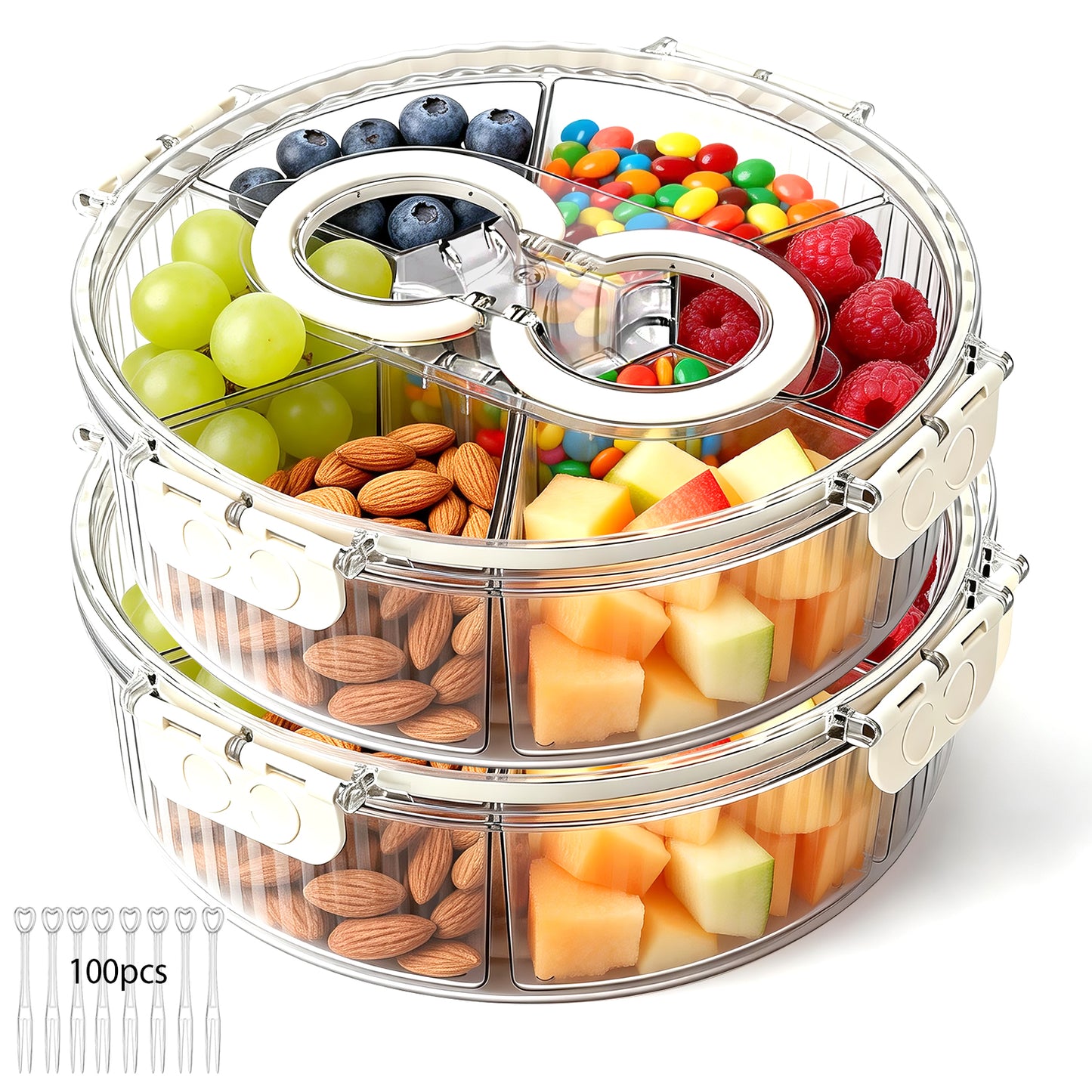 Snackle Box Container with Lid, Handle, Stackable Divided Serving Tray for Fruits Candy Organizer, Portable Spinning Rounded Veggie Tray for Kitchen, Party, Travel and Picnic, Clear