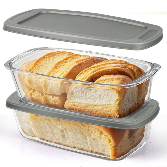 2 Pack Glass Loaf Pan Set with Lids - 1.9 Qt/1800 ML Stackable Glass Bread Baking Dishes, Airtight Meal Prep Food Storage Containers, Oven & Microwave Safe, Dishwasher Safe, Grey