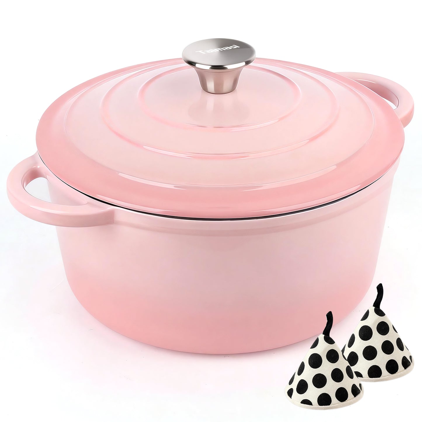 Enameled Cast Iron Dutch Oven, TAIMASI 5QT Dutch Oven Pot with Lid & Cotton Potholders, Heavy-Duty Cookware for Braising, Stews, Roasting, Bread Baking, All Stovetop Compatible (Pink)