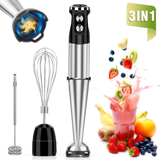 Immersion Handheld Blender Hand Blender, AOKIWO 3 in 1 Rechargeable Electric Hand Blender 12 Variable Speed Stick Blender with Whisk and Frother for Smoothies, Soup, Baby Food