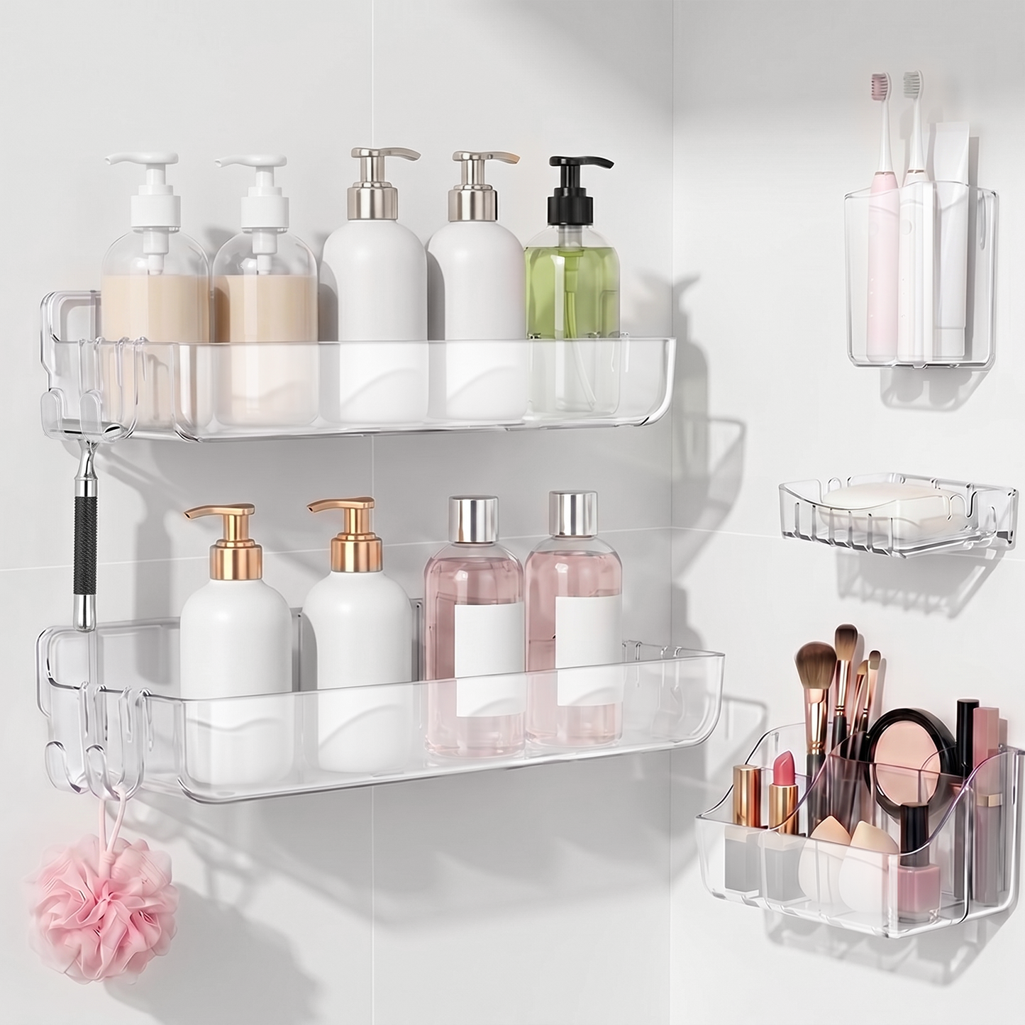 5 Pack Adhesive Shower Caddy, Clear Bathroom Organizers and Storage, Shower Organizer for Adhesive Wall Shelf, No Drill Wall Mounted Shower Shelves with Drainage Holes for Shampoo, Toiletries, Makeup