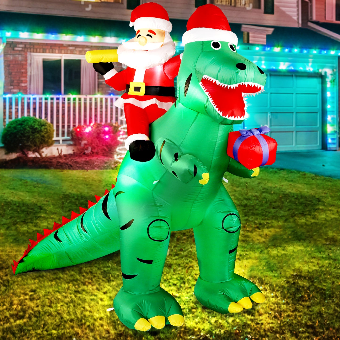 7FT Christmas Inflatable Decorations Clearance, Giant Xmas Santa Dinosaur Blow Up LED Light Up Indoor Outdoor Yard Decorations with Gift Box, Holiday Xmas Party Patio Garden Lawn New Year Kids Gifts