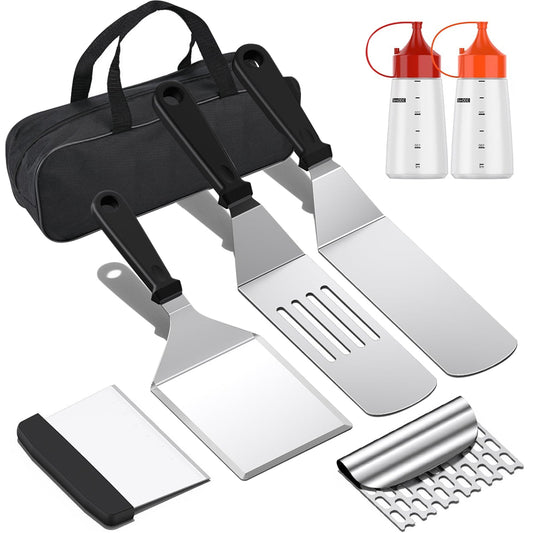 Mibote 8PCS Griddle Accessories Kit, Flat Top Grill Accessories Set for Blackstone and Camp Chef, Grill Spatula Set with Enlarged Spatulas, Scraper for Outdoor Barbecue