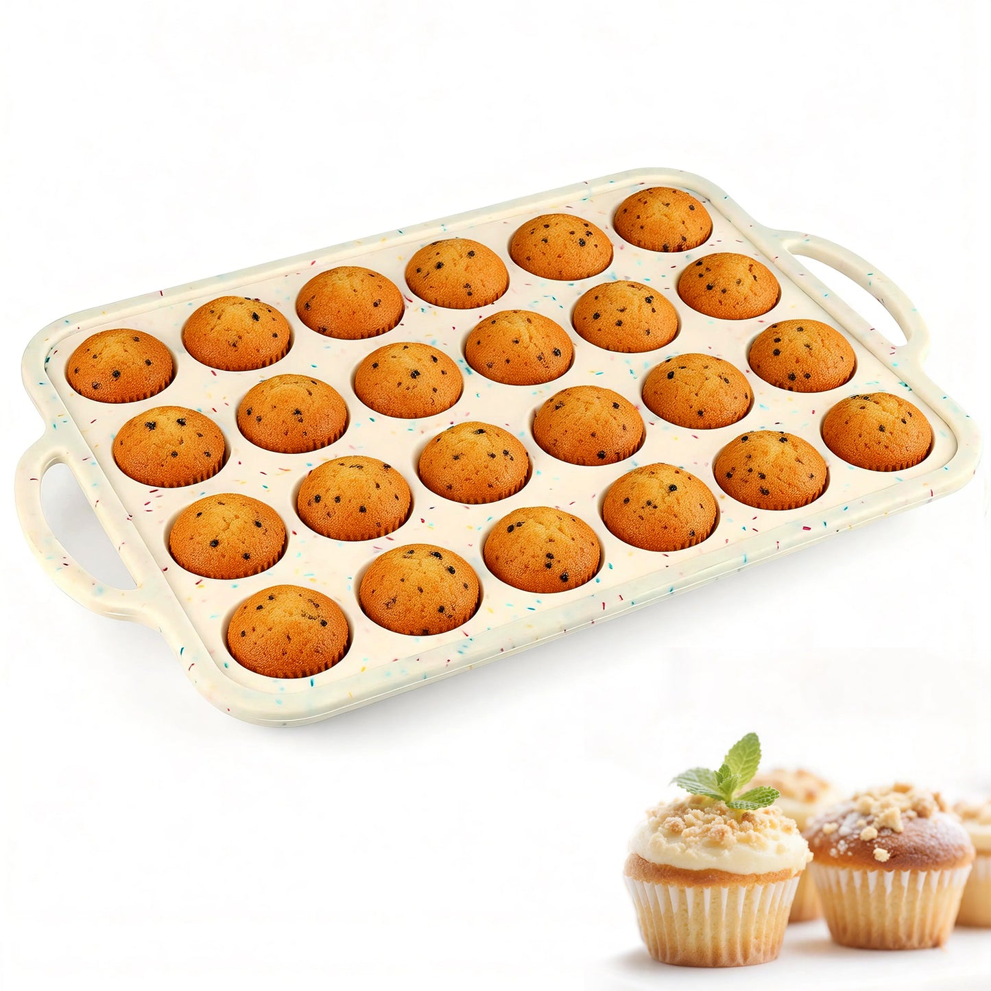 1 Pack Mini Silicone Muffin Pans for Baking, AOKIWO 24 Cups Silicone Cupcake Pan with Metal Reinforced Frame, Nonstick Baking Pan Molds for Homemade Muffins