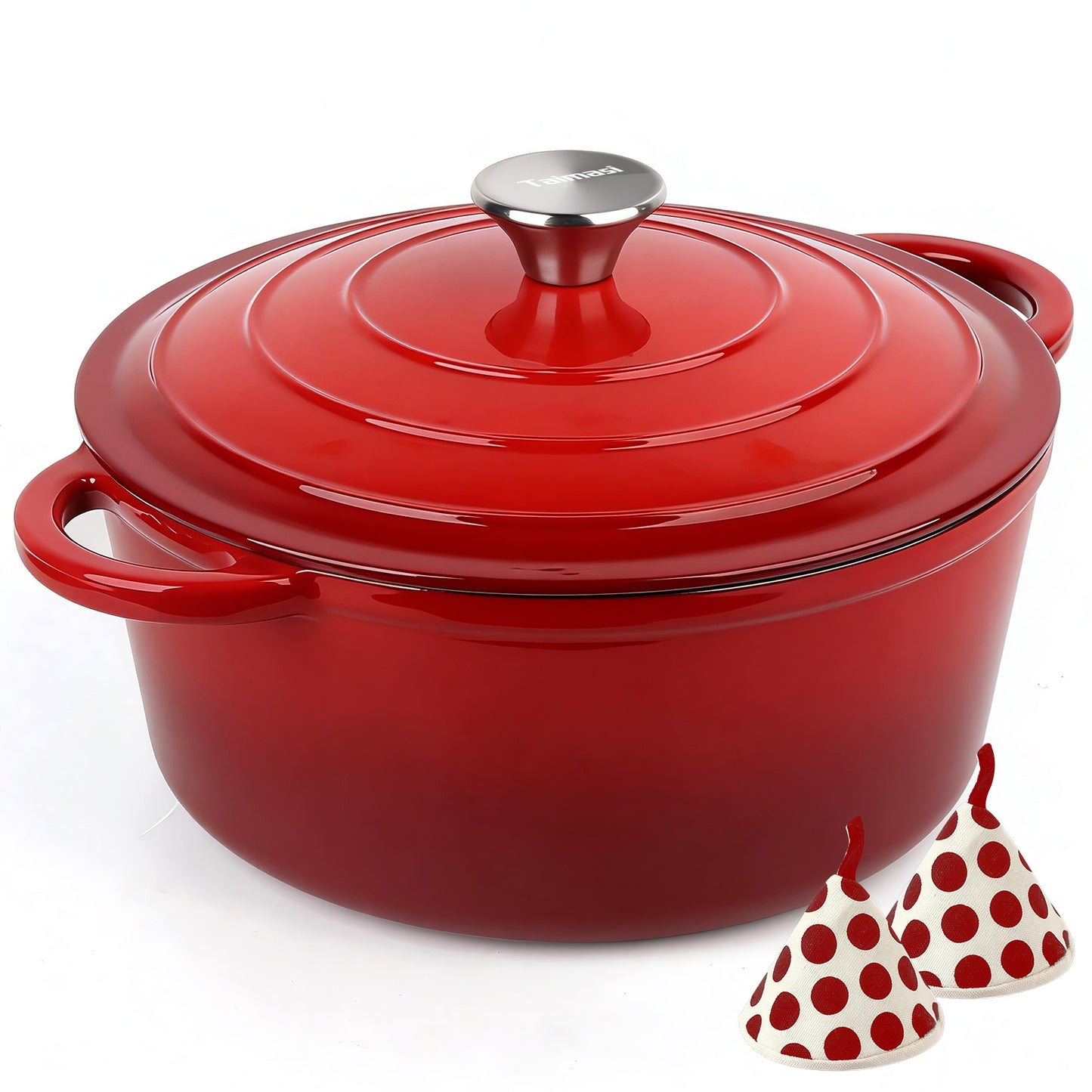Enameled Cast Iron Dutch Oven, TAIMASI 5QT Dutch Oven Pot with Lid & Cotton Potholders, Heavy-Duty Cookware for Braising, Stews, Roasting, Bread Baking, All Stovetop Compatible (Red)