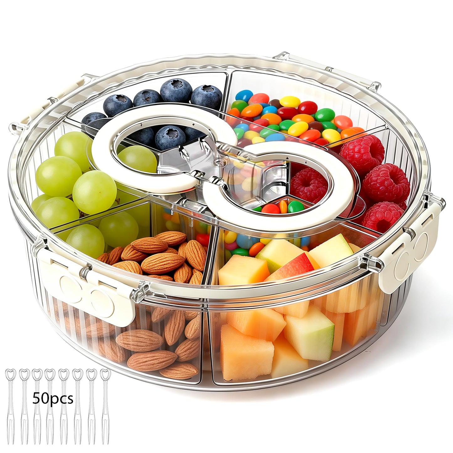 Snackle Box Container with Lid, Handle, Stackable Divided Serving Tray for Fruits Candy Organizer, Portable Spinning Rounded Veggie Tray for Kitchen, Party, Travel and Picnic, Clear