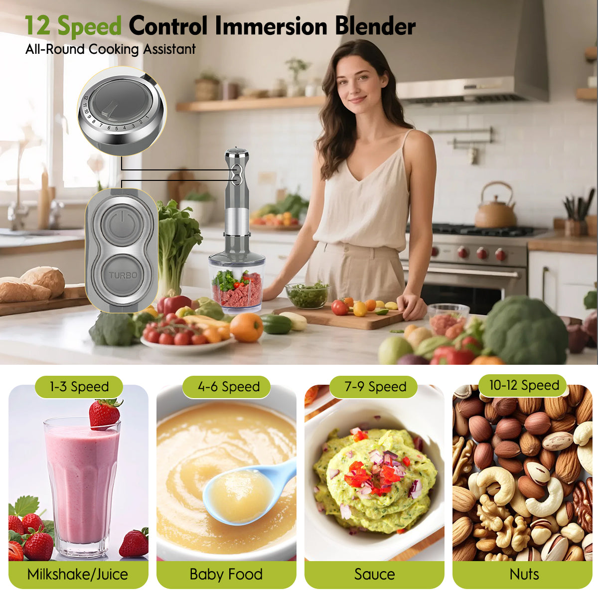 Immersion Blender Handheld, 3-in-1 Hand Blender 6 Speed Turbo Mode Stick Blender, Baby Food Processor with Chopper, Milk Frother, Egg Whisk, Stainless Steel Hand Blender for Kitchen