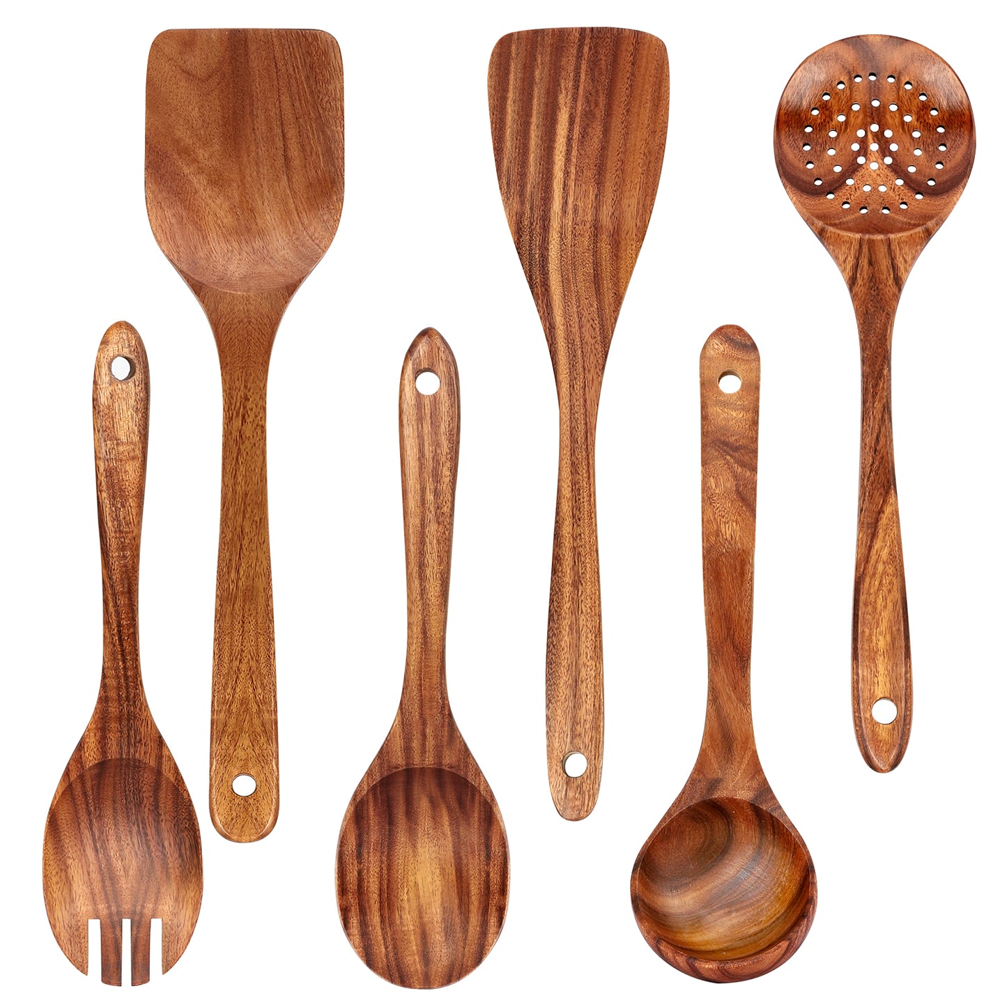 Kitchen 6-Piece Wooden Spoons for Cooking - AOKIWO Smooth Finish Teak Wooden Utensils for Cooking - Soft Comfortable Grip Wood Spoons for Cooking