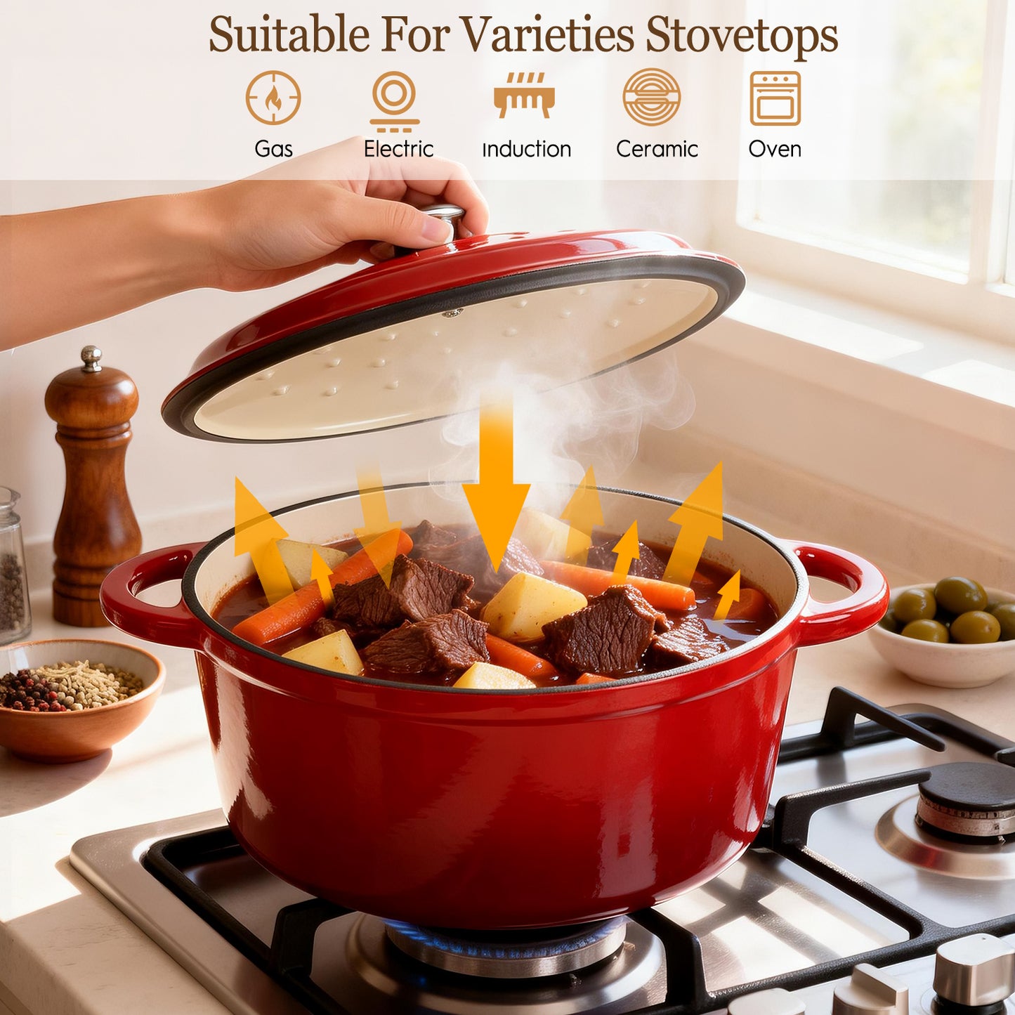 Enameled Cast Iron Dutch Oven, TAIMASI 5QT Dutch Oven Pot with Lid & Cotton Potholders, Heavy-Duty Cookware for Braising, Stews, Roasting, Bread Baking, All Stovetop Compatible (Red)