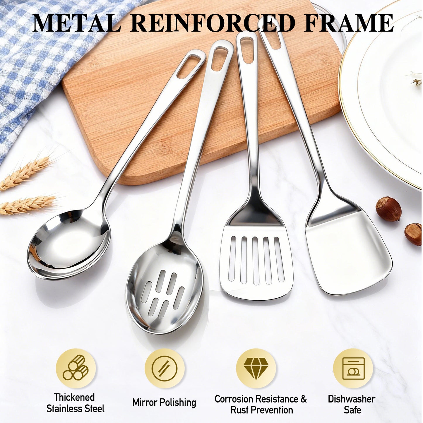 4 Pcs Cooking Utensils Set, TAIMASI Stainless Steel Kitchen Utensils, Kitchen Tools Set Include Solid & Slotted Turner Wok Spatula, Serving Spoon, Home Essentials Kitchen Gadgets Accessories