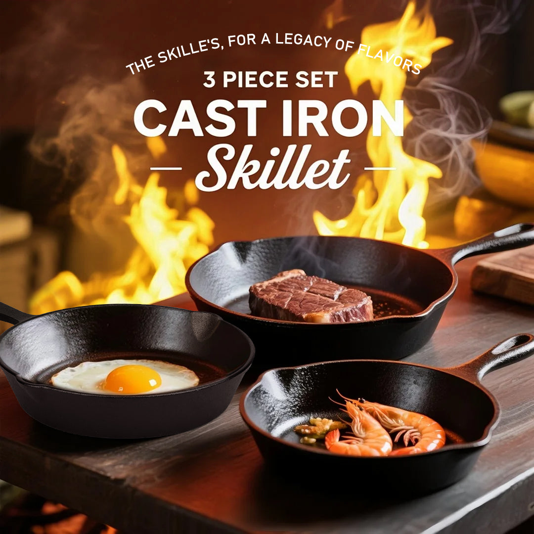 Cast Iron Skillet Set, AOKIWO 3-Piece Pre-Seasoned Pan Cookware Set, 10", 8", 6" Frying Pans with Handles, Heavy-Duty Cookware Set with Non-Stick Surface For Saute, Cooking, Pizza