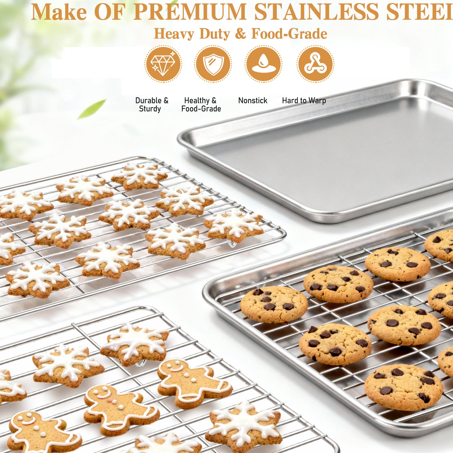AOKIWO Baking Sheet with Rack Set (2 Pans + 2 Racks), Stainless Steel Baking Pan Cookie Sheet with Cooling Rack, Air Fryer Basket for Baking Grilling Frying