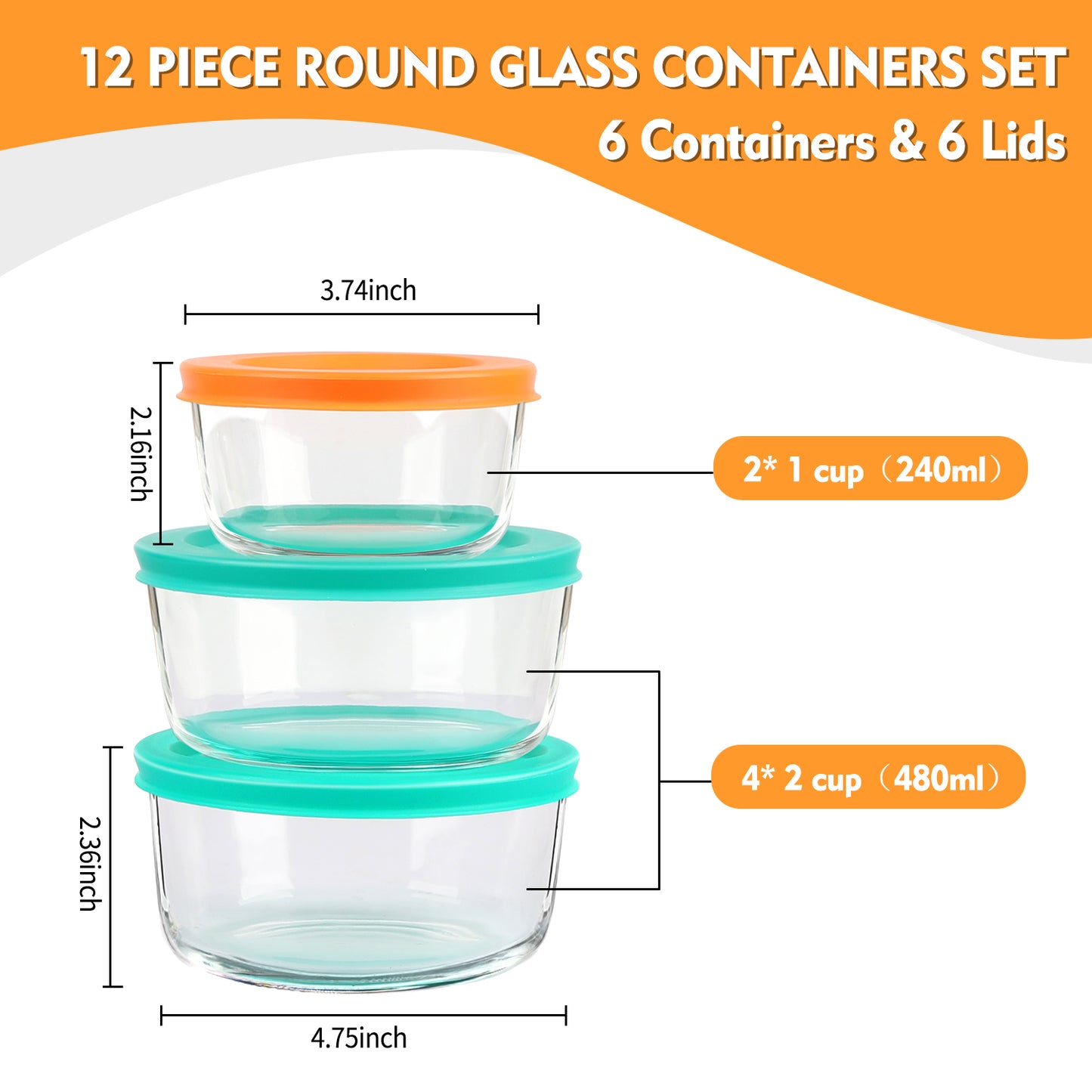 12 Pcs Glass Food Storage Container Set with Lids – 2-Cup & 1-Cup Round Meal Prep Containers | BPA-Free, Airtight & Leak-Proof Lunch Box | Microwave, Oven, Freezer, Dishwasher Safe | Green