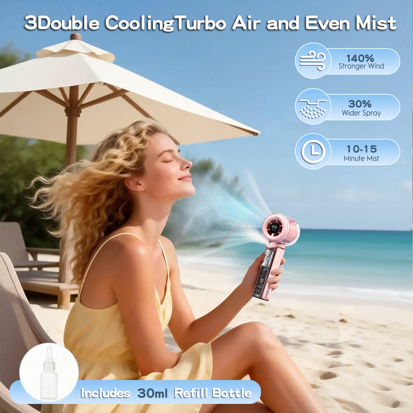 MIBOTE Handheld Rechargeable Misting Fan with Digital Display, 30ml Water Tank, Multiple Speeds, Portable for Outdoor and Travel –Pink
