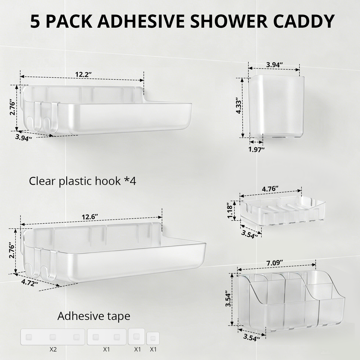 5 Pack Adhesive Shower Caddy, Clear Bathroom Organizers and Storage, Shower Organizer for Adhesive Wall Shelf, No Drill Wall Mounted Shower Shelves with Drainage Holes for Shampoo, Toiletries, Makeup