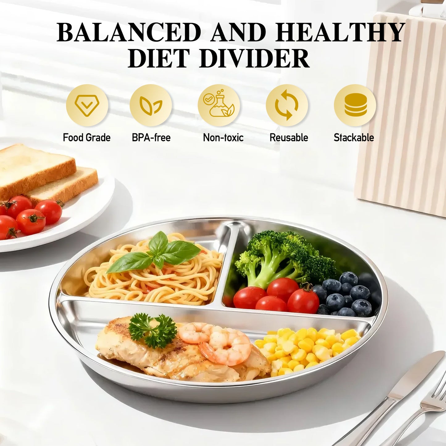 6 Pcs Stainless Steel Divided Plates, TAIMASI 9" Portion Control Divided Metal Plate with 3 Sections, Reusable Plates Round Sectioned Plate for Kids Adults Lunch, Picnic