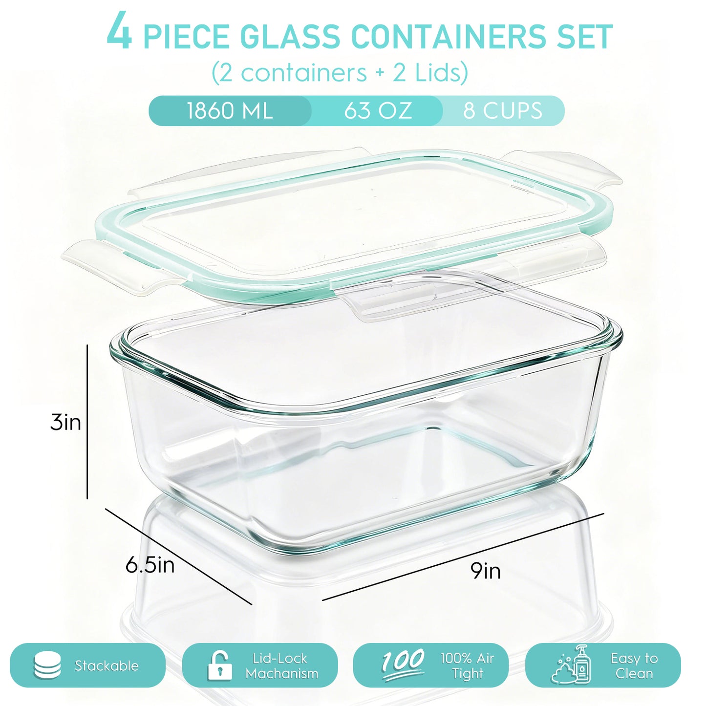4 Pcs Glass Food Storage Containers Set, 8 Cup/63 Oz Baking Containers with Leak-Proof Lids (2 containers + 2 Lids), Meal Prep, Lunch Box, Light Green