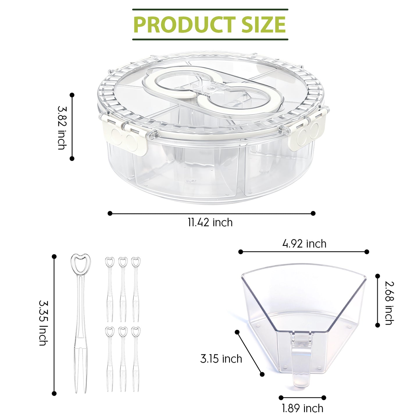 Snackle Box Container with Lid, Handle, Stackable Divided Serving Tray for Fruits Candy Organizer, Portable Spinning Rounded Veggie Tray for Kitchen, Party, Travel and Picnic, Clear