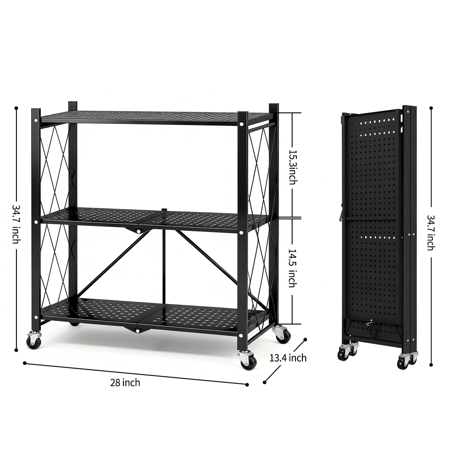 TAIMASI 3-Tier Foldable Metal Storage Shelf with Wheels, Heavy-Duty Rolling Wire Rack for Garage, Kitchen, Basement, Pantry, 27.75''L x 13.38''W x 34.44''H-Black