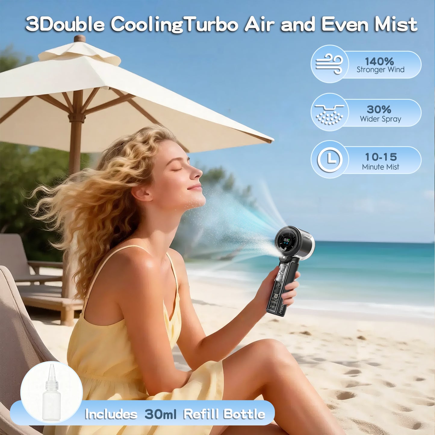 MIBOTE Handheld Rechargeable Misting Fan with Digital Display, 30ml Water Tank, Multiple Speeds, Portable for Outdoor and Travel – Black