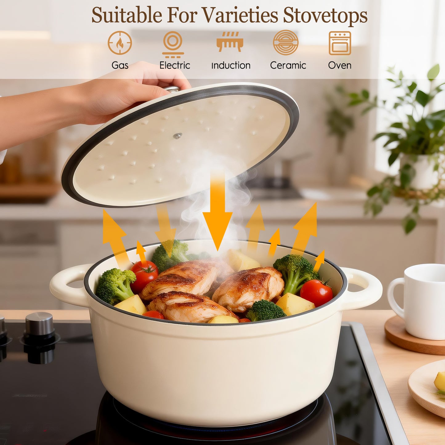 Enameled Cast Iron Dutch Oven, TAIMASI 5QT Dutch Oven Pot with Lid & Cotton Potholders, Heavy-Duty Cookware for Braising, Stews, Roasting, Bread Baking, All Stovetop Compatible (Cream White)
