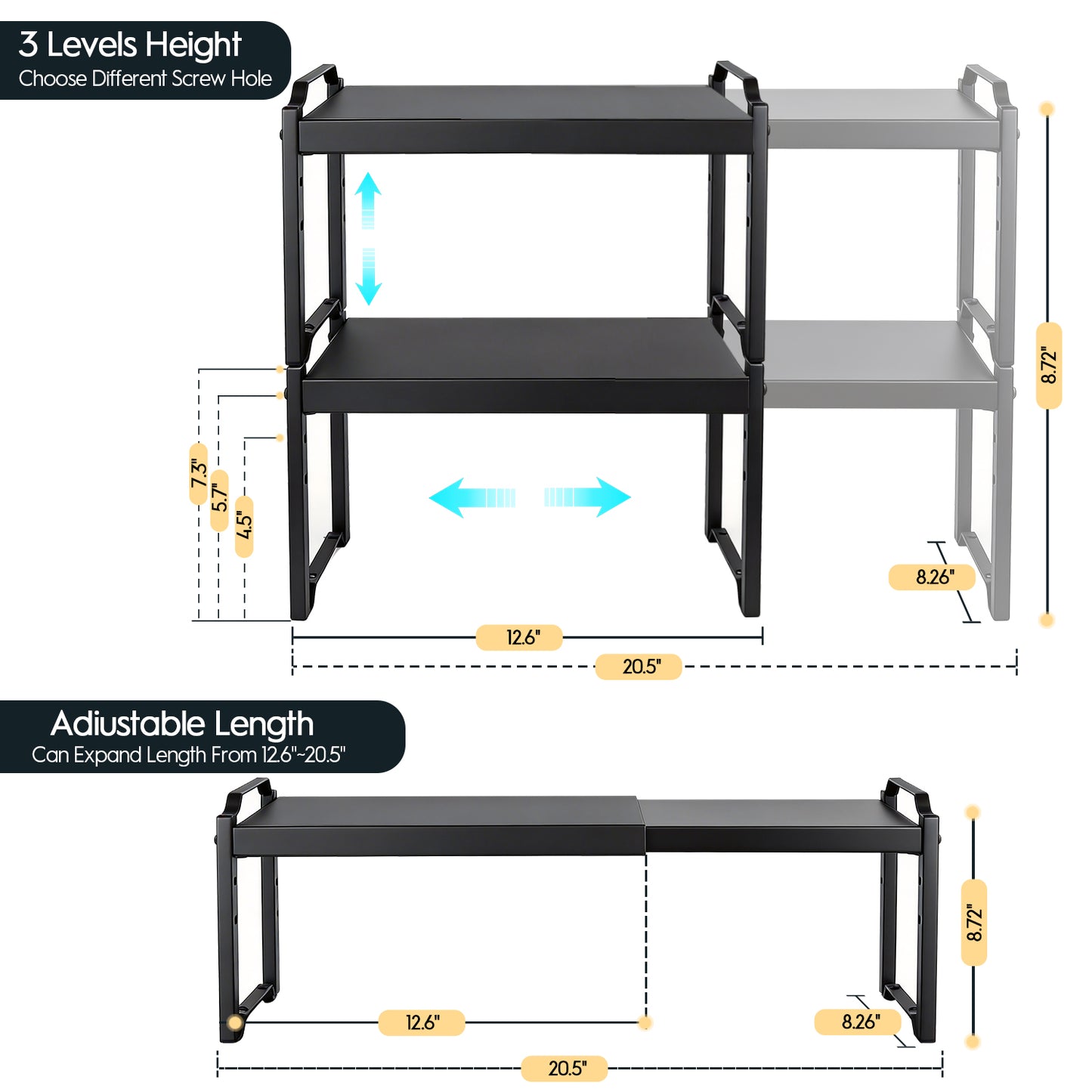 2 Pack Expandable Cabinet Organizer Shelves, Stackable Kitchen Countertop and Pantry Storage, Adjustable Cupboard Shelf Rack, Length 20.5"