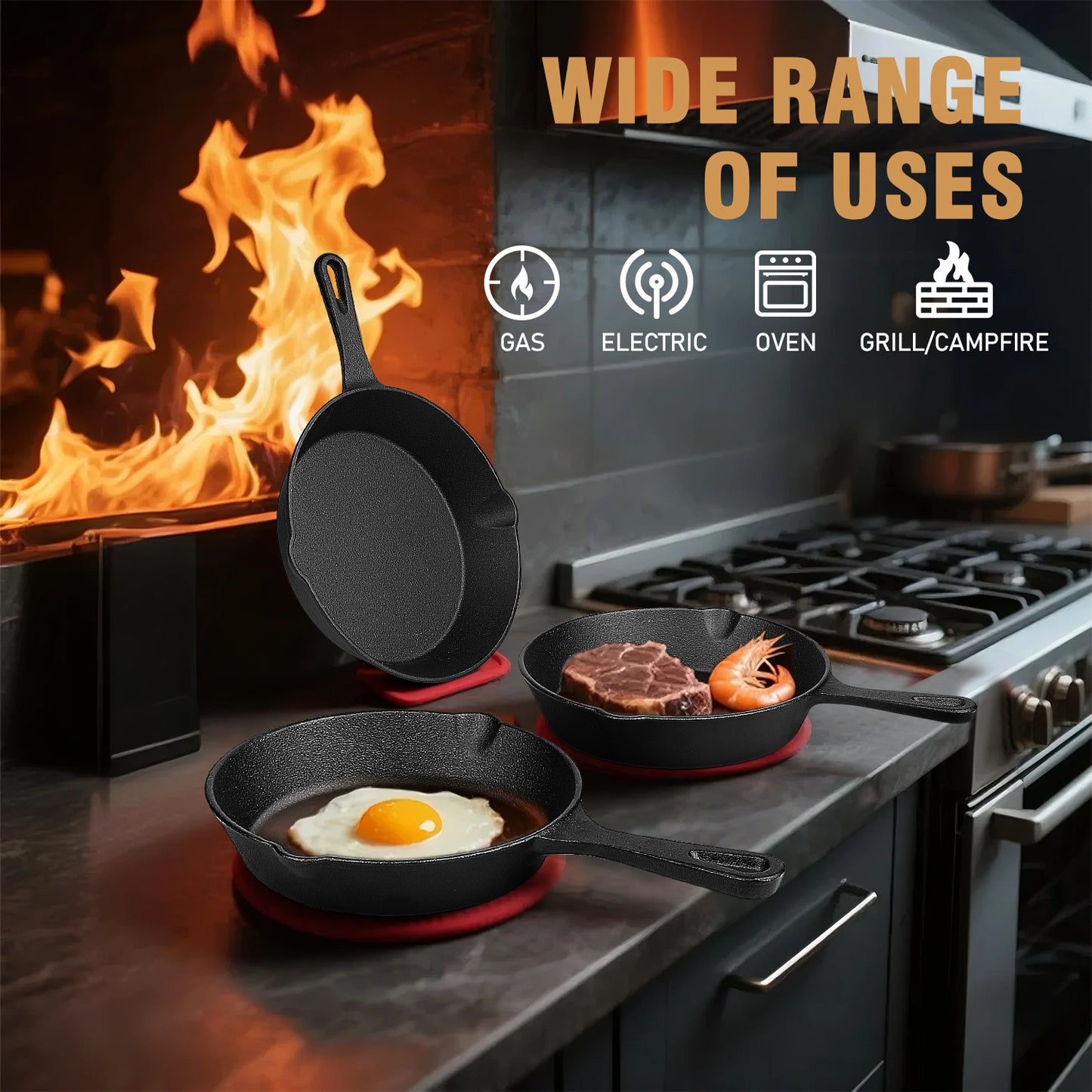 Cast Iron Skillet Set, AOKIWO 3-Piece Pre-Seasoned Pan Cookware Set, 10", 8", 6" Frying Pans with Handles, Heavy-Duty Cookware Set with Non-Stick Surface For Saute, Cooking, Pizza