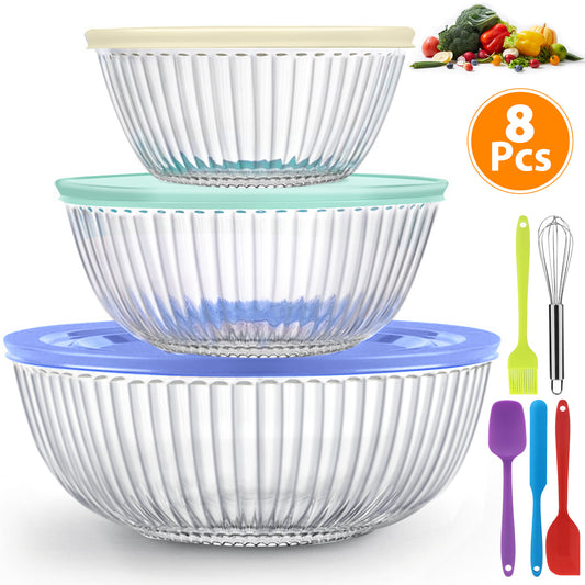 3-Pack Glass Mixing Bowls (1.2 QT, 2.3 QT, 3.6 QT) with Glass Mixing Bowls Set, AOKIWO 8 Pack 3 Size Glass Nesting Mixing Bowl with BPA-Free Lids & Baking Tools, Kitchen Storage Bowls for Prep, Baking, Serving