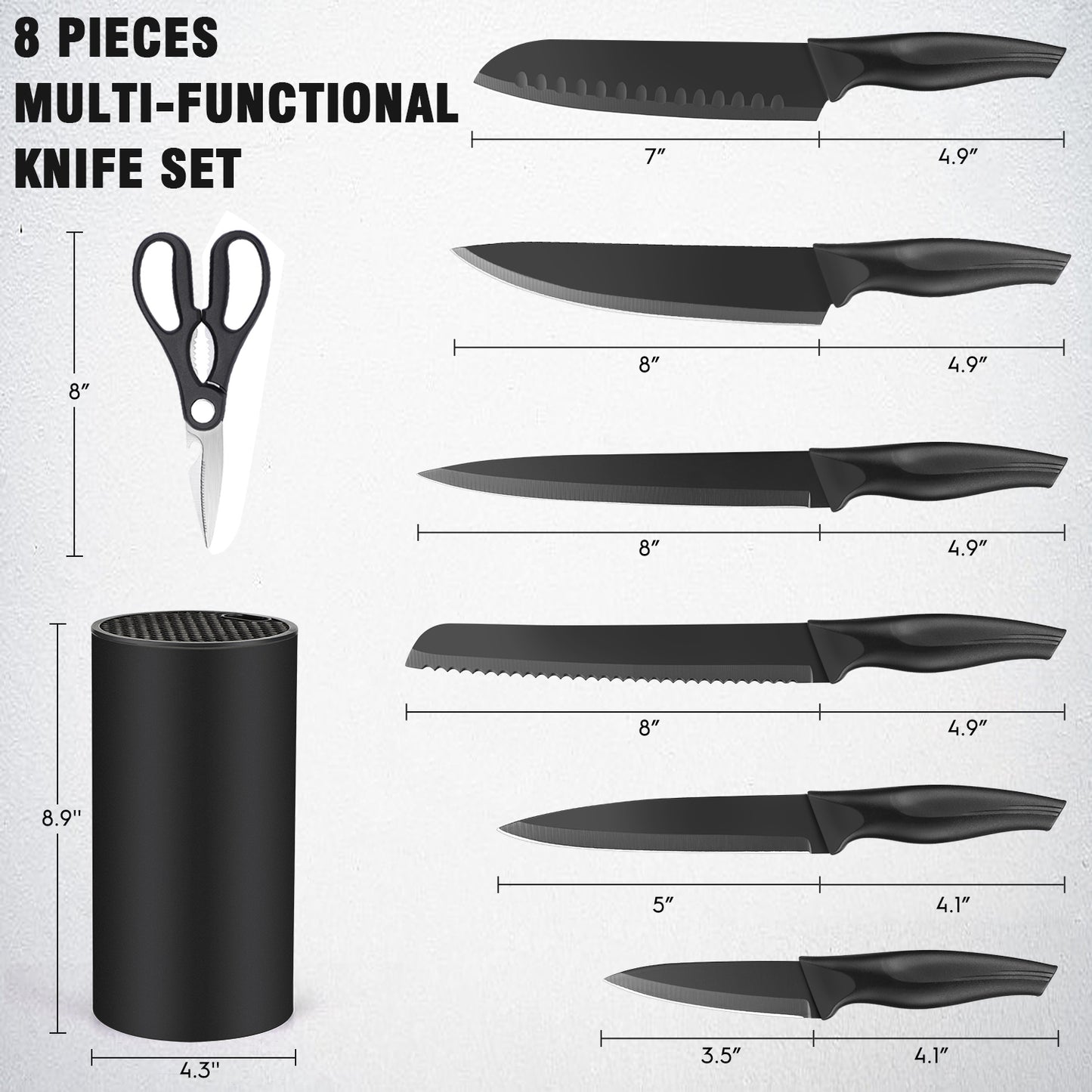 8-Piece Knife Set, AOKIWO Stainless Steel Professional Kitchen Knife Set for Chef, Kitchen Knives Set with Block, Dishwasher Safe (Black)