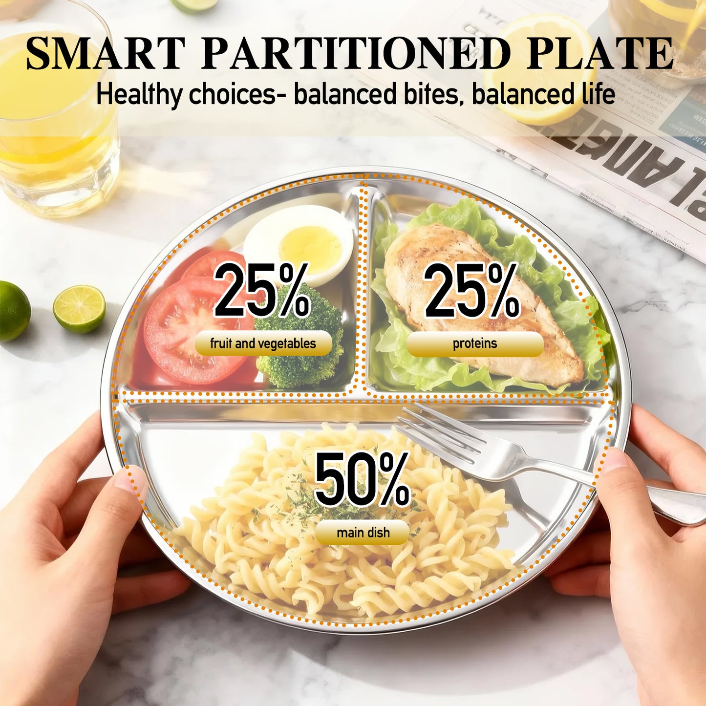 6 Pcs Stainless Steel Divided Plates, TAIMASI 9" Portion Control Divided Metal Plate with 3 Sections, Reusable Plates Round Sectioned Plate for Kids Adults Lunch, Picnic