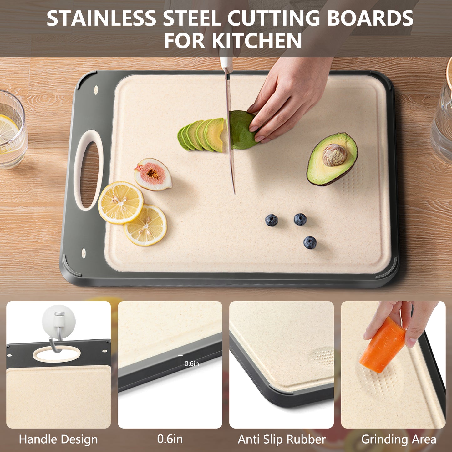 Cutting Board for Kitchen, AOKIWO Double Sided 304 Stainless Steel & Wheat Straw Chopping Board, Small 14'' ×9.6'' Non Toxic Cutting Boards for Meat Vegetables, Easy to Clean