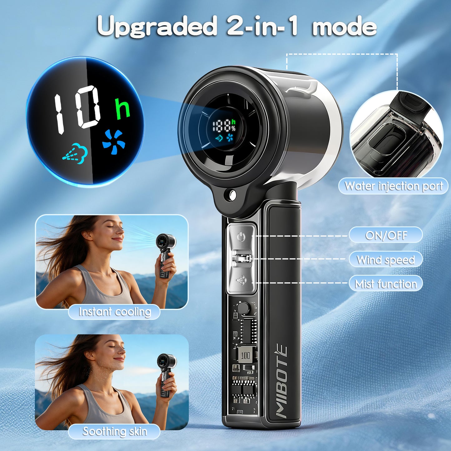 MIBOTE Handheld Rechargeable Misting Fan with Digital Display, 30ml Water Tank, Multiple Speeds, Portable for Outdoor and Travel – Black