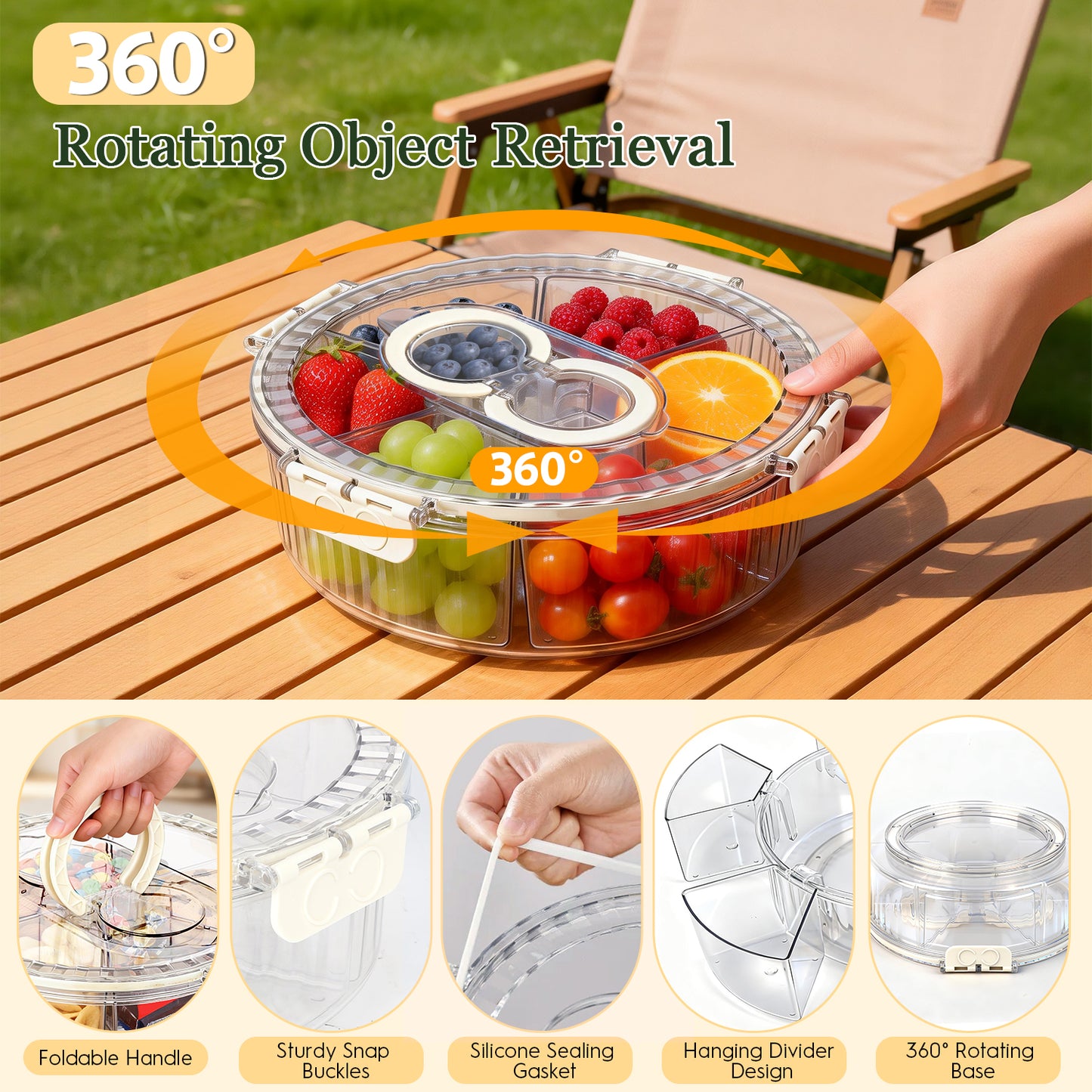 Snackle Box Container with Lid, Handle, Stackable Divided Serving Tray for Fruits Candy Organizer, Portable Spinning Rounded Veggie Tray for Kitchen, Party, Travel and Picnic, Clear