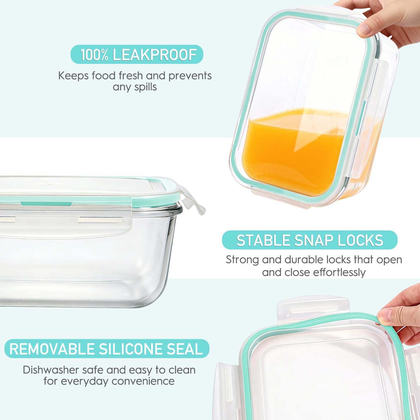 4 Pcs Glass Food Storage Containers Set, 8 Cup/63 Oz Baking Containers with Leak-Proof Lids (2 containers + 2 Lids), Meal Prep, Lunch Box, Light Green