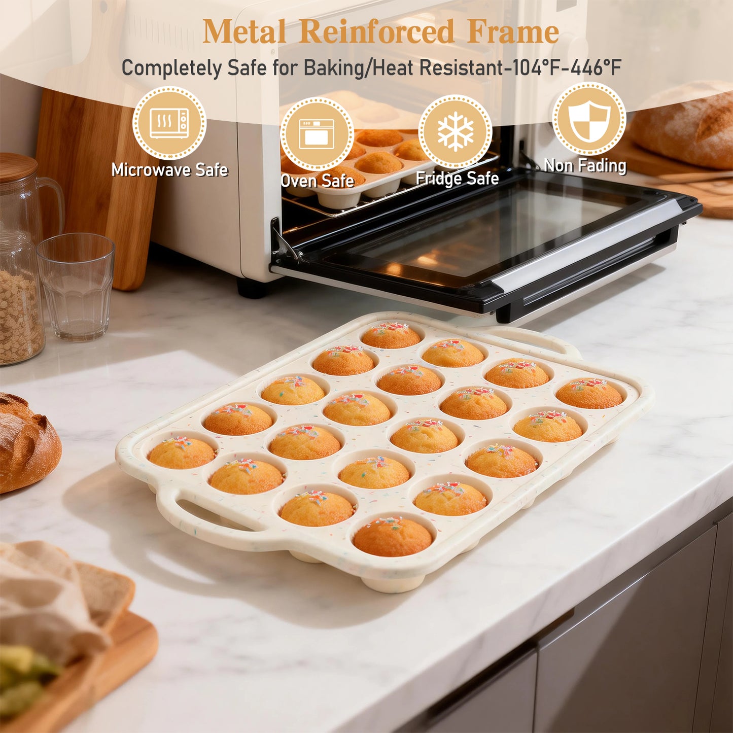 2 PCS Mini Silicone Muffin Pans for Baking, AOKIWO 24 Cups Silicone Cupcake Pan with Metal Reinforced Frame, Nonstick Baking Pan Molds for Homemade Muffins