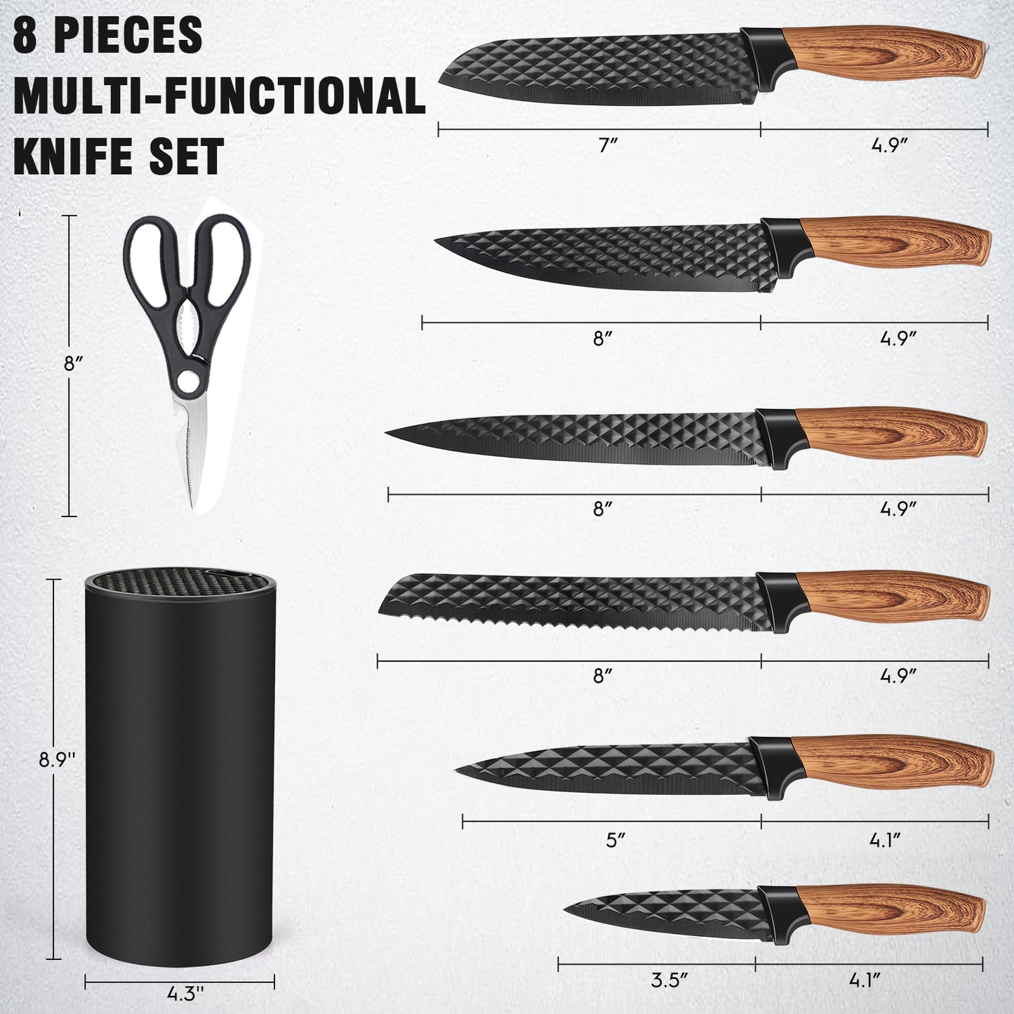 Knife Set, AOKIWO 8-Piece Kitchen Knife Set for Chef, Anti-Rust Non-stick Stainless Steel Sharp Chef Knife Set with Block, Dishwasher Safe (Charcoal)