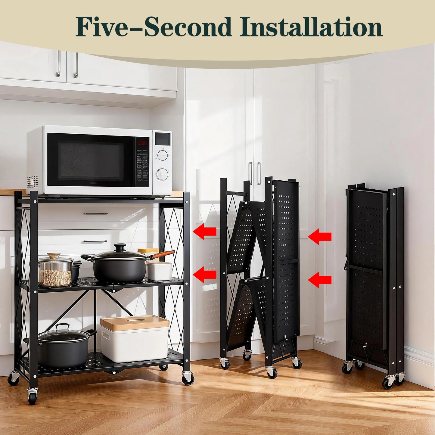 TAIMASI 3-Tier Foldable Metal Storage Shelf with Wheels, Heavy-Duty Rolling Wire Rack for Garage, Kitchen, Basement, Pantry, 27.75''L x 13.38''W x 34.44''H-Black