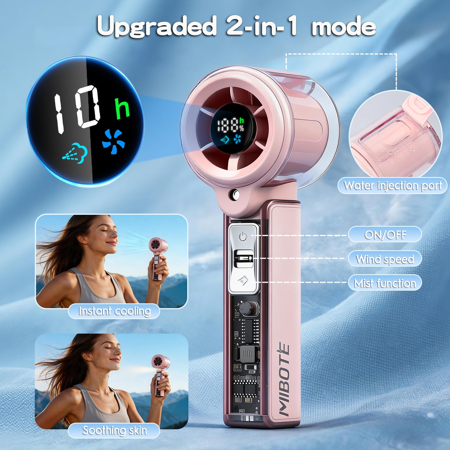 MIBOTE Handheld Rechargeable Misting Fan with Digital Display, 30ml Water Tank, Multiple Speeds, Portable for Outdoor and Travel –Pink