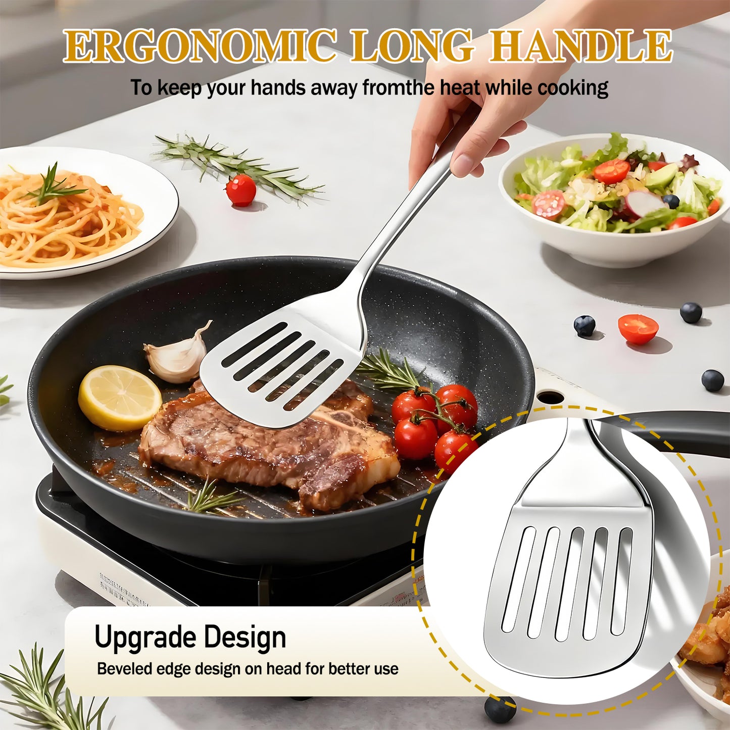 4 Pcs Cooking Utensils Set, TAIMASI Stainless Steel Kitchen Utensils, Kitchen Tools Set Include Solid & Slotted Turner Wok Spatula, Serving Spoon, Home Essentials Kitchen Gadgets Accessories