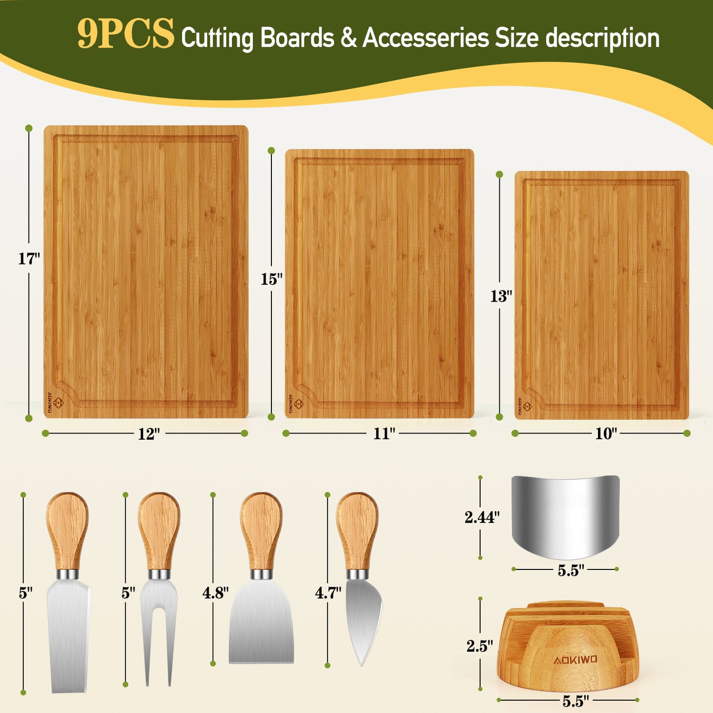 Carbonized Wooden Cutting Boards with Stand - AOKIWO 8Pcs Bamboo Cutting Board with Stand and Cheese Knives and Finger Guards, Multi-functional Kitchen Meal Prep Board Sets for Charcuterie, Meat, Vegetable