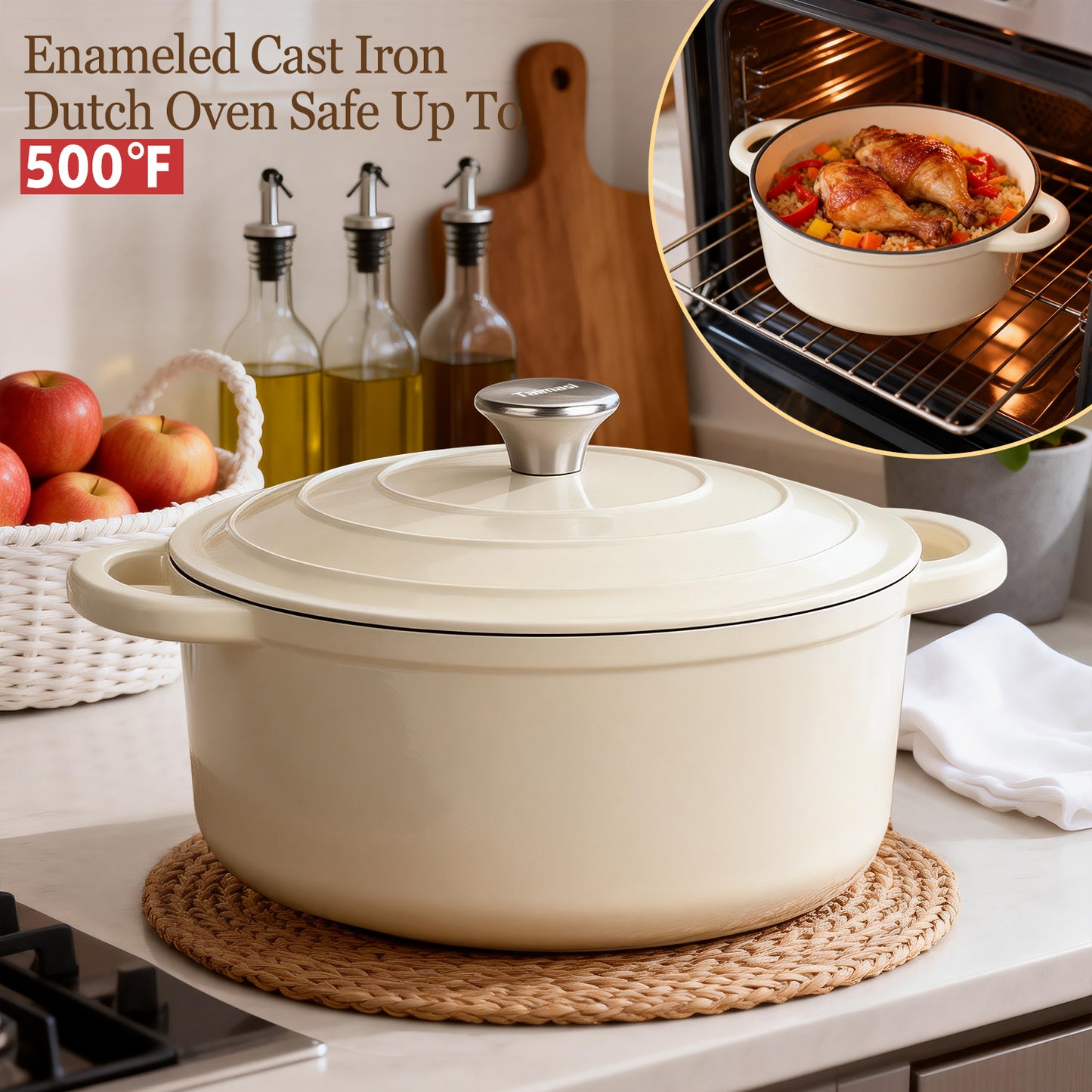 Enameled Cast Iron Dutch Oven, TAIMASI 5QT Dutch Oven Pot with Lid & Cotton Potholders, Heavy-Duty Cookware for Braising, Stews, Roasting, Bread Baking, All Stovetop Compatible (Cream White)