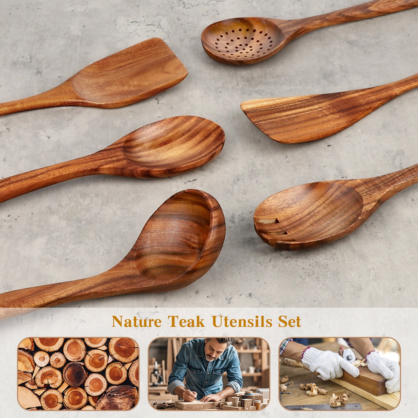 Kitchen 6-Piece Wooden Spoons for Cooking - AOKIWO Smooth Finish Teak Wooden Utensils for Cooking - Soft Comfortable Grip Wood Spoons for Cooking