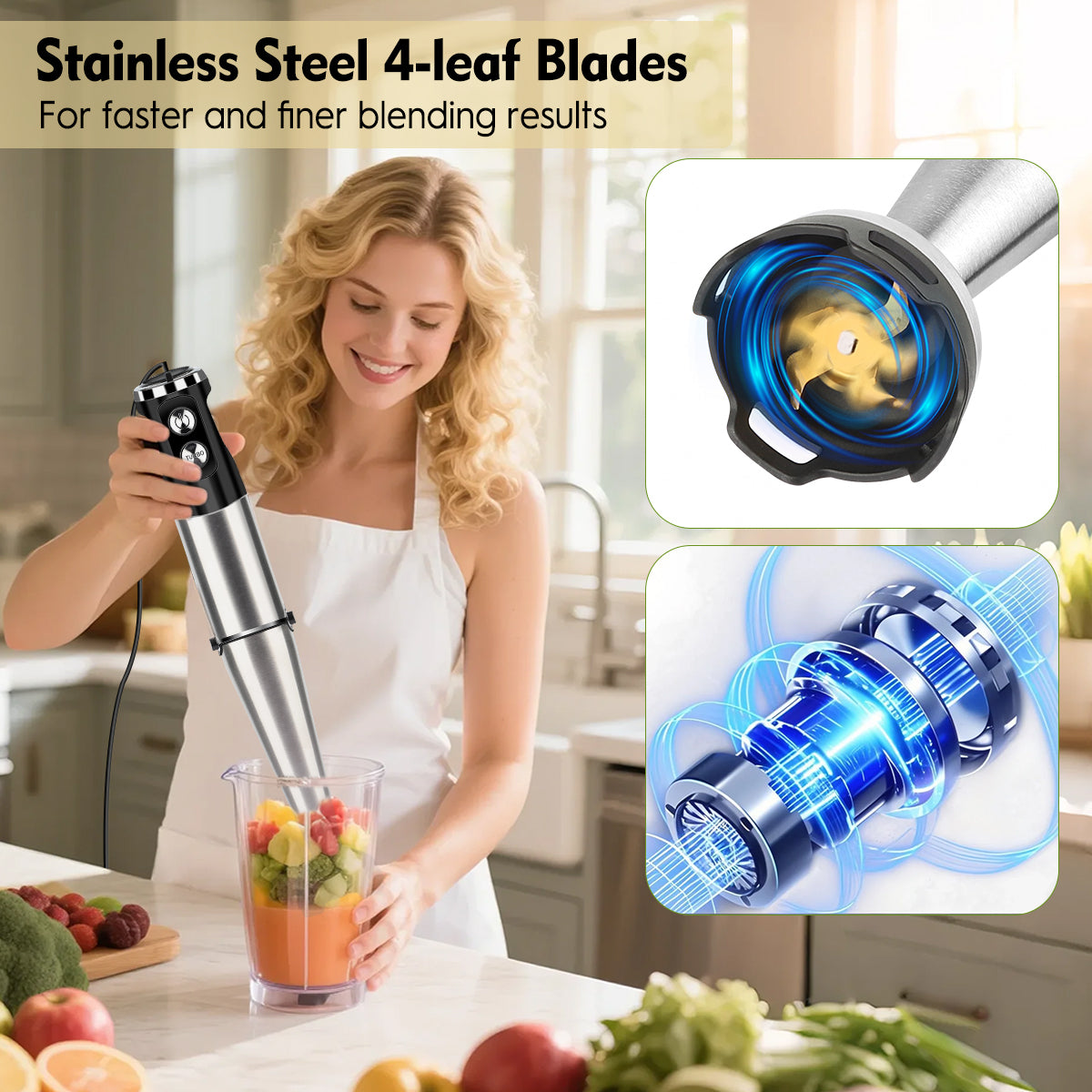 Immersion Handheld Blender Hand Blender, AOKIWO 3 in 1 Rechargeable Electric Hand Blender 12 Variable Speed Stick Blender with Whisk and Frother for Smoothies, Soup, Baby Food