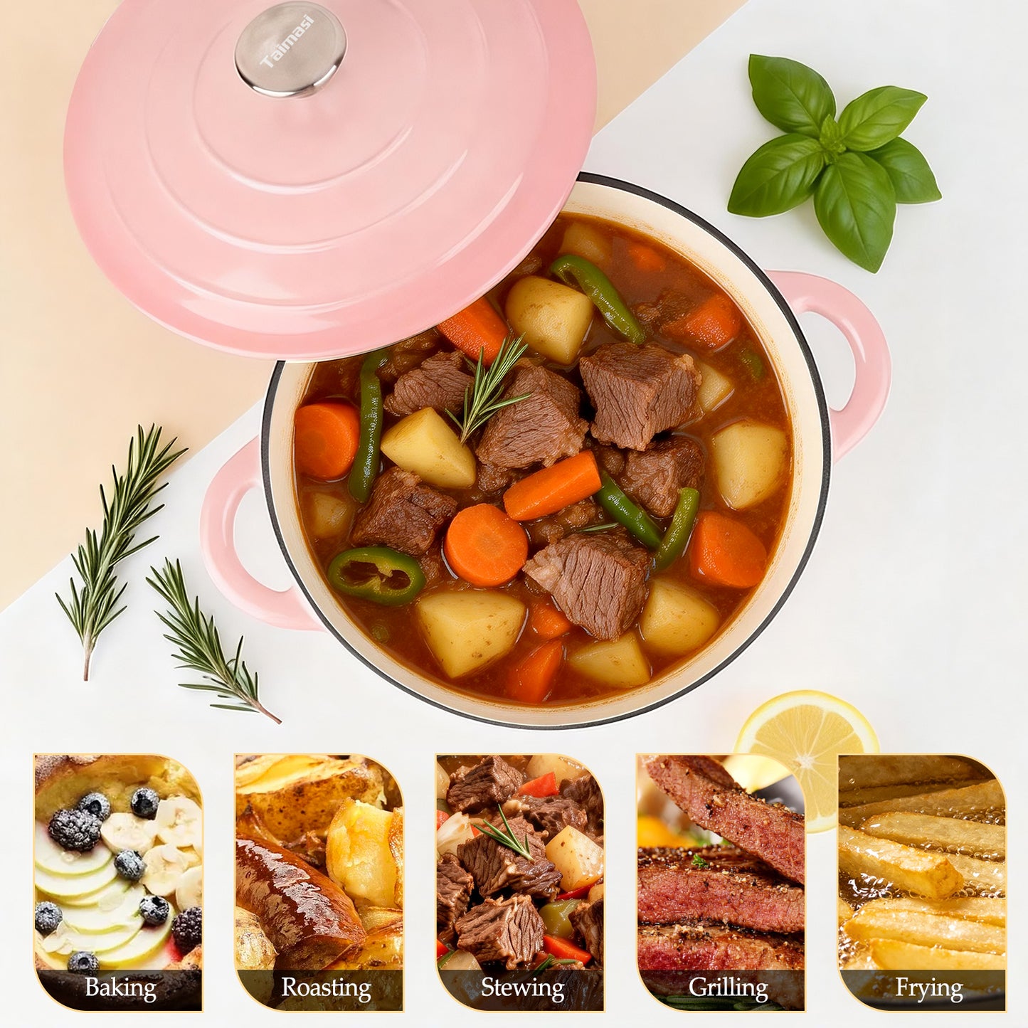 Enameled Cast Iron Dutch Oven, TAIMASI 5QT Dutch Oven Pot with Lid & Cotton Potholders, Heavy-Duty Cookware for Braising, Stews, Roasting, Bread Baking, All Stovetop Compatible (Pink)