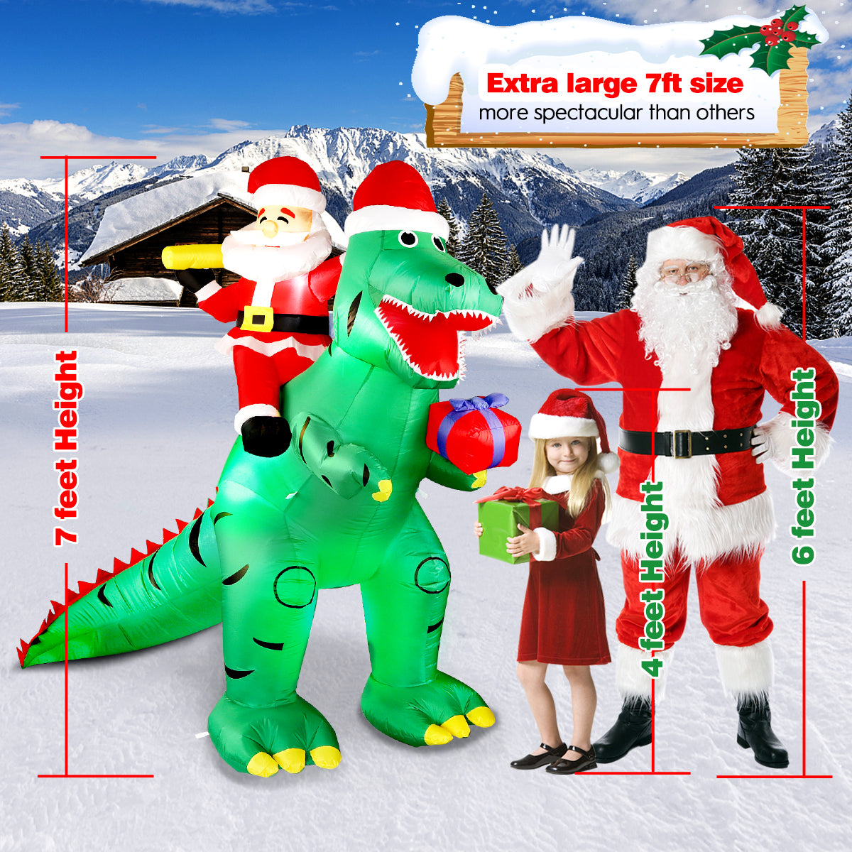 7FT Christmas Inflatable Decorations Clearance, Giant Xmas Santa Dinosaur Blow Up LED Light Up Indoor Outdoor Yard Decorations with Gift Box, Holiday Xmas Party Patio Garden Lawn New Year Kids Gifts