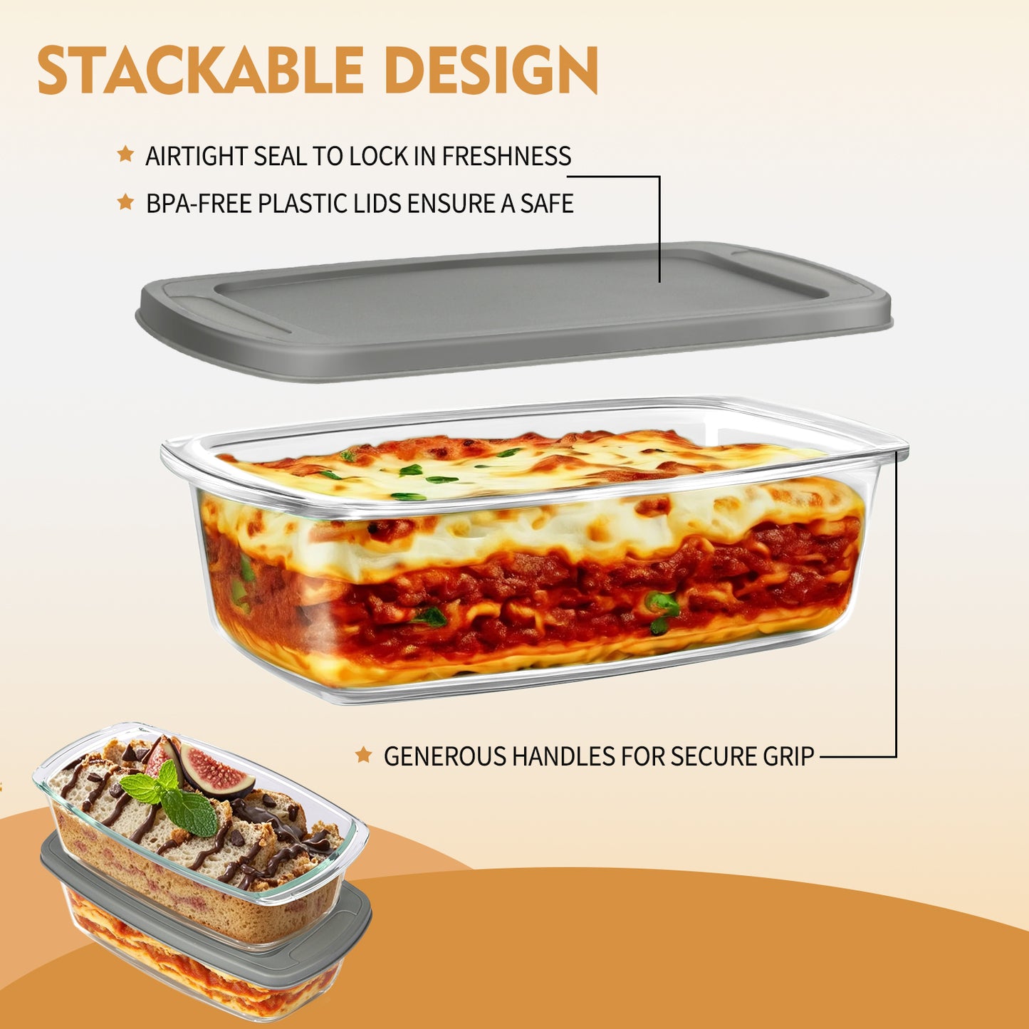2 Pack Glass Loaf Pan Set with Lids - 1.9 Qt/1800 ML Stackable Glass Bread Baking Dishes, Airtight Meal Prep Food Storage Containers, Oven & Microwave Safe, Dishwasher Safe, Grey