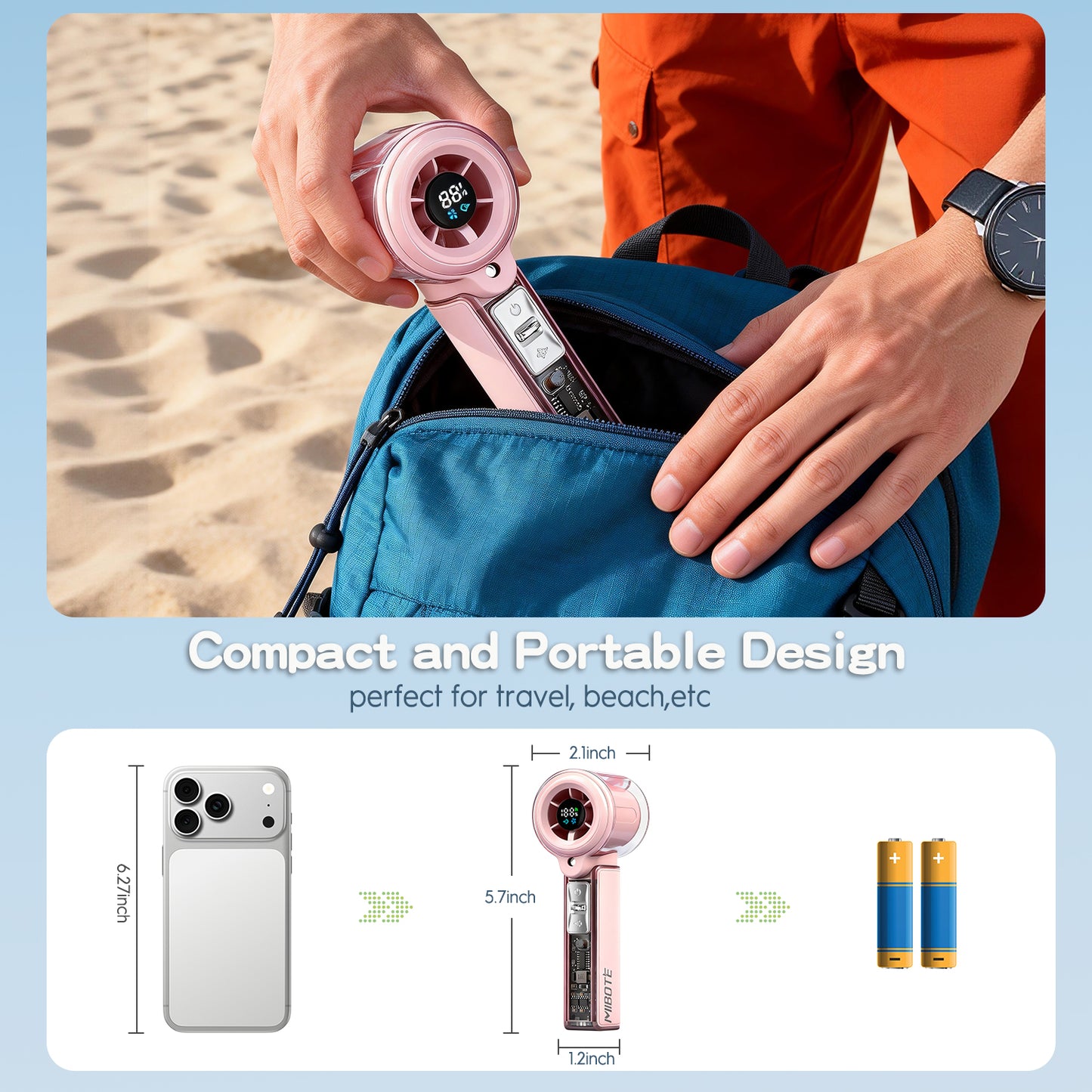 MIBOTE Handheld Rechargeable Misting Fan with Digital Display, 30ml Water Tank, Multiple Speeds, Portable for Outdoor and Travel –Pink