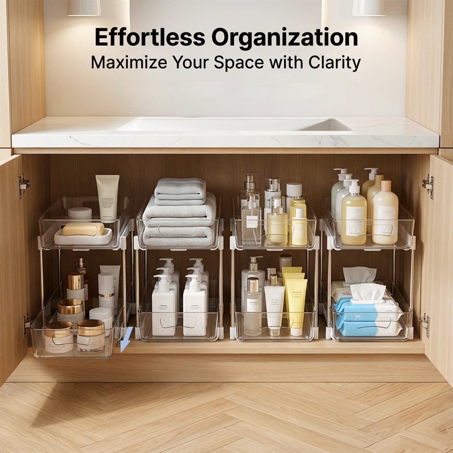 2 Pack Bathroom Organizer, 2 Tier Under Sink Organizers Vanity Countertop Storage Container, Kitchen Cabinet Drawers Bins, Pull-Out Organization for Pantry, Spice, White & Clear