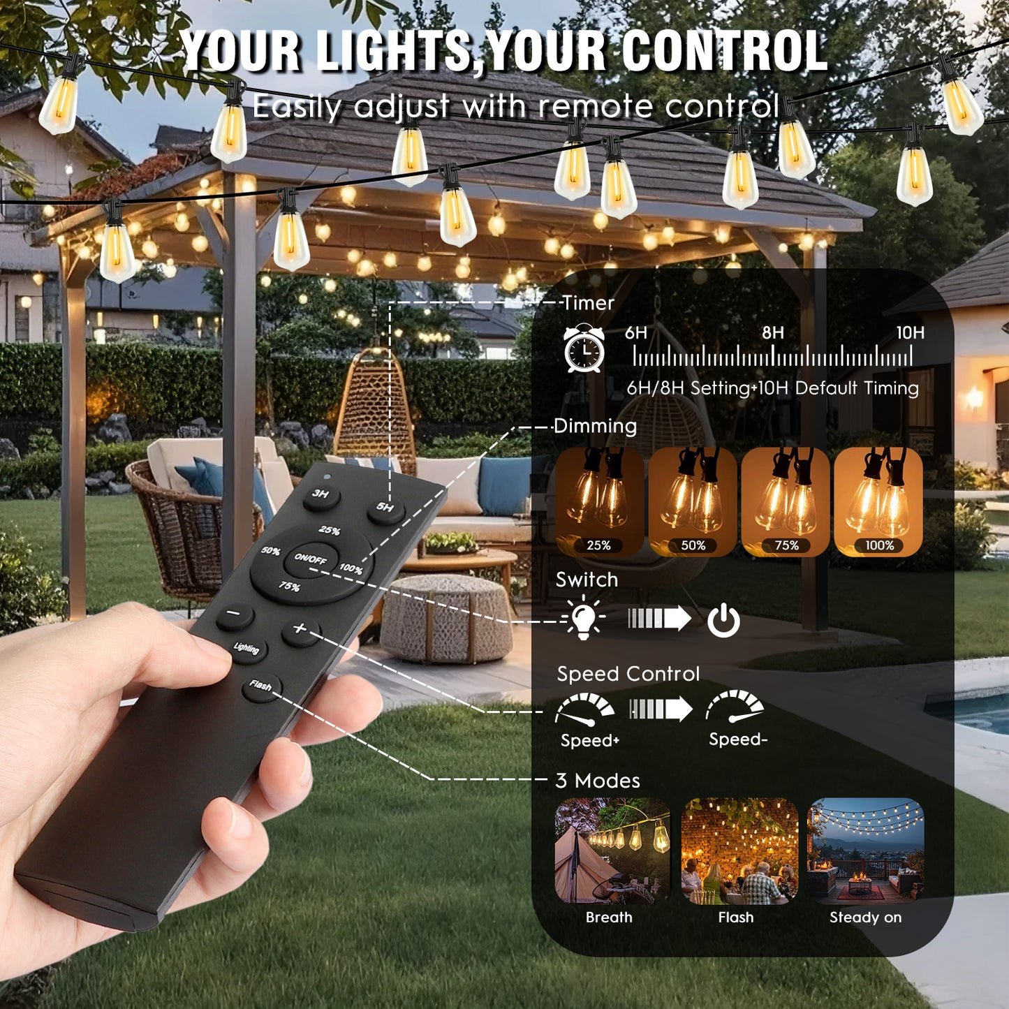 100FT Solar String Lights Outdoor Waterproof, Patio Lights with Remote Control & 30+2 Dimmable ST38 Edison Bulbs Shatterproof,Solar Powered String Lights for Outside Garden Backyard
