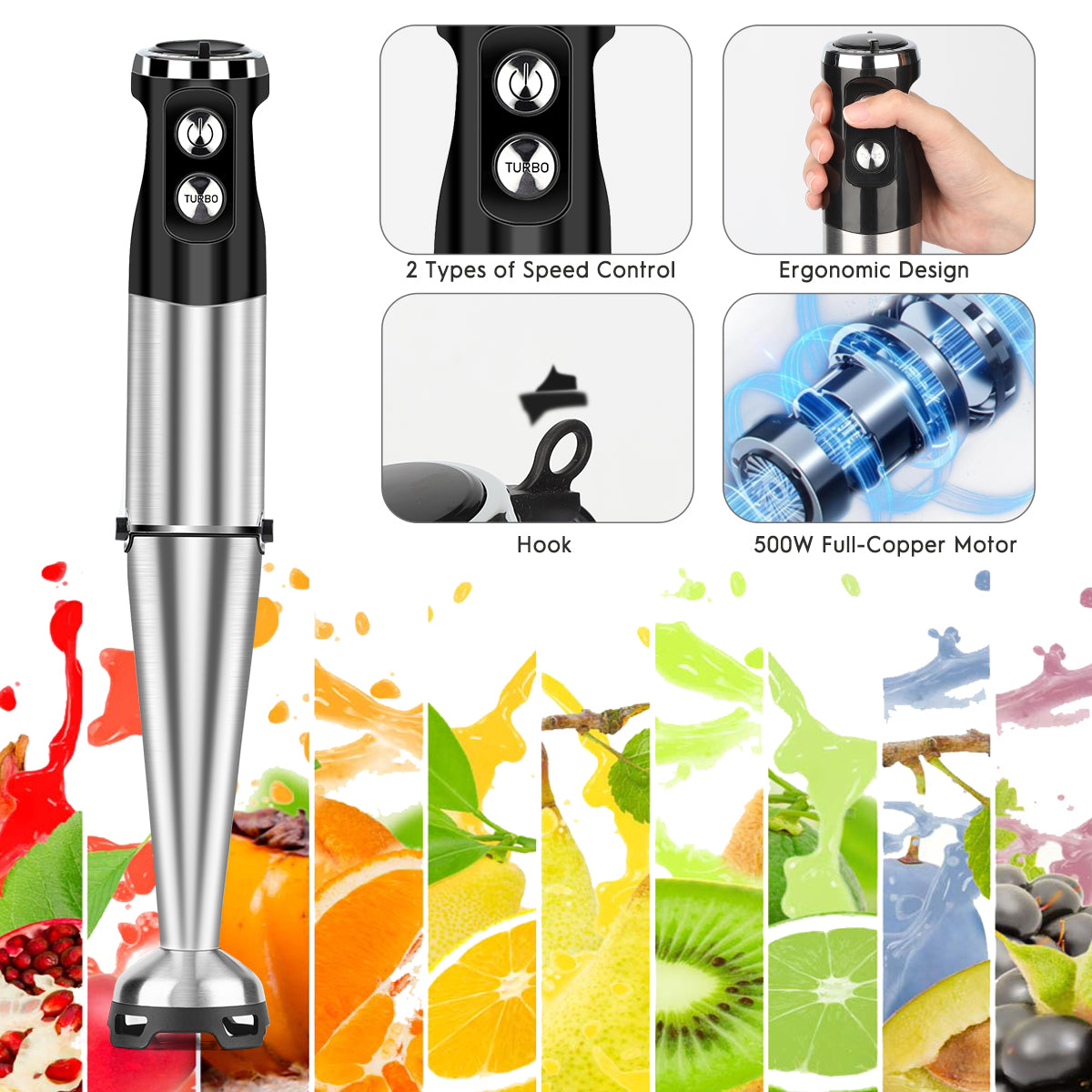 Immersion Blender Handheld Blender, AOKIWO 5 in 1 Corded Stick Hand Blenders for Kitchen with 12 Speed Control, Blender with Whisk, Frother for Smoothies, Soup, Puree